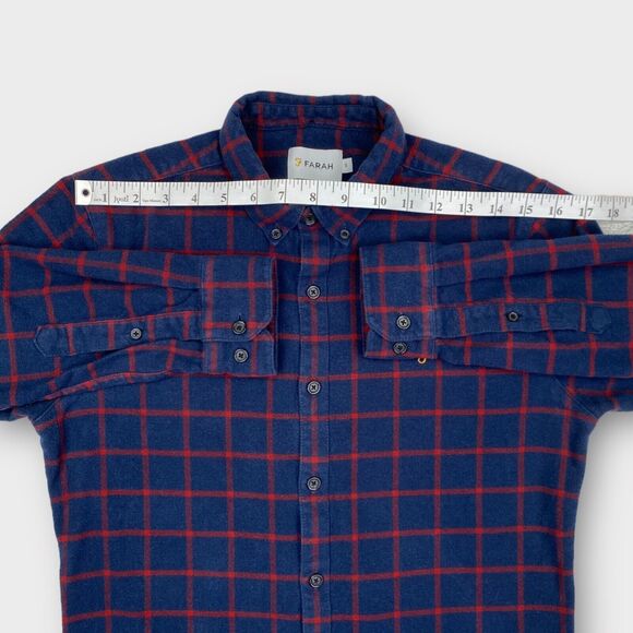 Farah Shirt Mens Small Slim Fit Flannel Windowpane Check Navy Logo Button Down - Picture 10 of 13